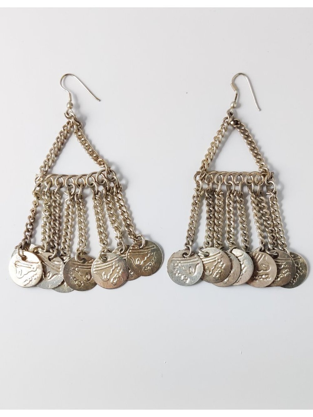 Silver Tone Coin Fringe Chandelier Earrings Boho Dangle Ethnic Inspired Jewelry